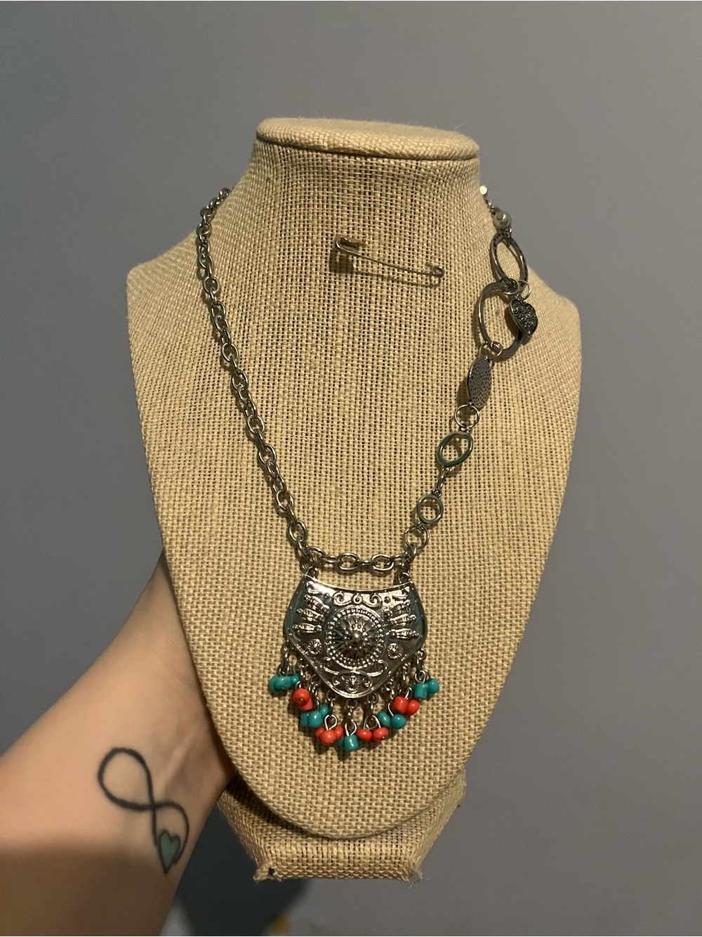 #22. Handmade Up Cycled Silver Bohemian Pendant Necklace with Turquoise Beads
